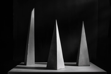 Three white geometric shapes stand on a white platform, lit by a single light source, casting dramatic shadows