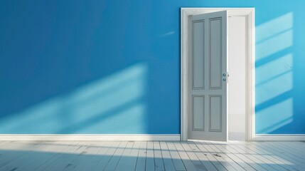 Opened door to bright future, a bright exit door in empty blue room, concept of breaking through, promising future, copy space. Generative AI