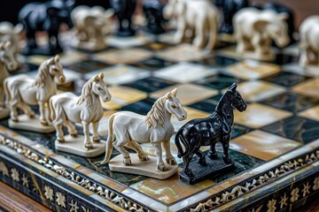 A close-up shot of a chessboard with three white knights and one black knight in the foreground. The intricate details of the marble board are visible, adding a touch of elegance to the scene
