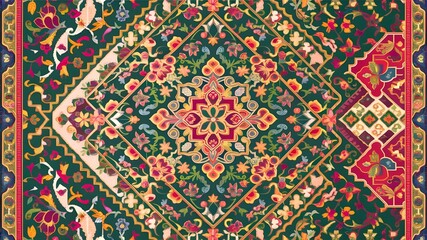 Mughal motifs are included in this digital textile design, which may be used for carpets, clothing, and other décor.