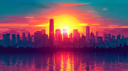 Cityscape with rising sun