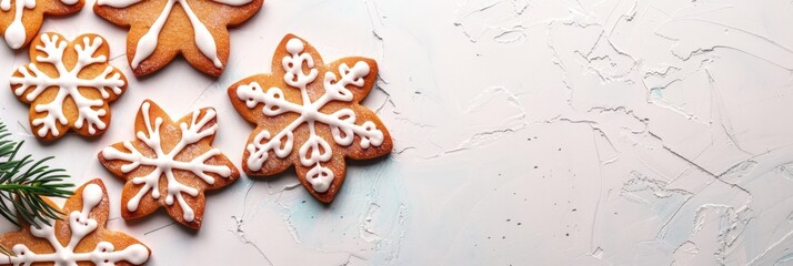 Festive Gingerbread Snowflake Cookies on White Textured Background for Holiday Celebrations, copy space