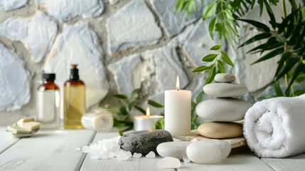 Spa and wellness concept. Beauty treatment items for spa procedures on white wooden table and marble wall. Massage stones, essential oils, and sea salt. Candle, rolled up white towel, plants.