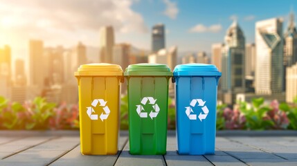 Container trash bins for recycling with city background. Yellow, green, blue bins for recycle plastic, paper and glass trash