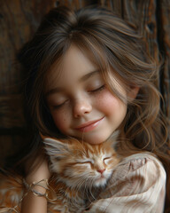 Close up portrait of little adorable girl with closed eyes and dark hair, hugging a cute red kitten, positive warm emotions