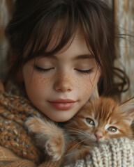 Close up portrait of little adorable girl with closed eyes and dark hair, hugging a cute red kitten, positive warm emotions