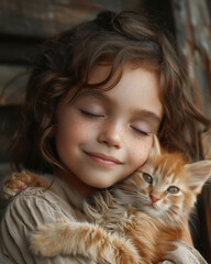 Close up portrait of little adorable girl with closed eyes and dark hair, hugging a cute red kitten, positive warm emotions