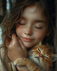 Close up portrait of little adorable girl with closed eyes and dark hair, hugging a cute red kitten, positive warm emotions
