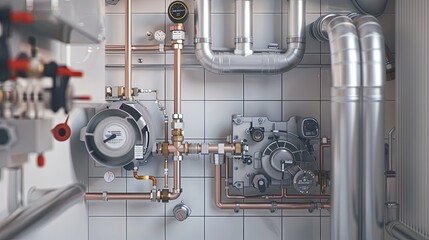 Close-up of a new heating system being installed in a modern home. The installer is working on the pipes and connectors. Generative AI