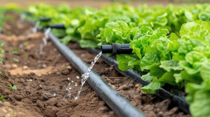 A close-up view of lettuce plants being watered by a drip irrigation system in a field