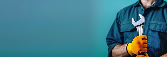 Plumber man holding an adjustable wrench in his hand on a blue background with copy space. Banner template for the site of plumbing services