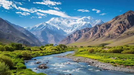 A vibrant image showcasing a winding river flowing through a lush valley, nestled amidst majestic mountains under a clear blue sky.