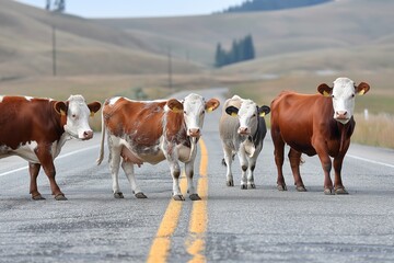 Cows comically obstruct traffic on an otherwise serene rural road