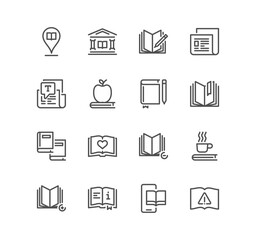 Set of books related icons, text, bookmark, learning, diary, library, newspaper and linear variety vectors.
