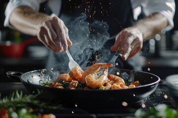 Chef cooking with Tiger prawn on dark background  Chef cooking with Tiger prawn on dark background