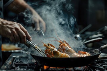 Fototapeta premium Chef cooking with Tiger prawn on dark background Chef cooking with Tiger prawn on dark background