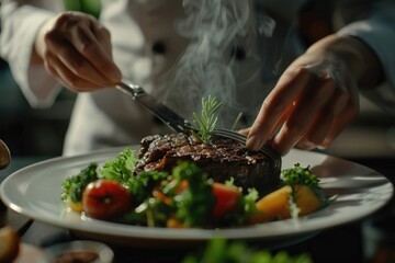 Chef preparing steak and salad for serving.
