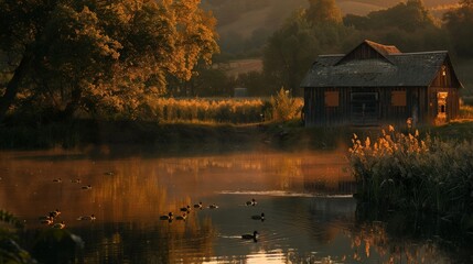 Fototapeta premium Barn illuminated by the golden hour light, with a tranquil pond reflecting its image and ducks swimming peacefully 