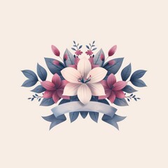 Fototapeta premium Watercolor Illustration of Elegant Blue Ribbon and Flower Bouquet