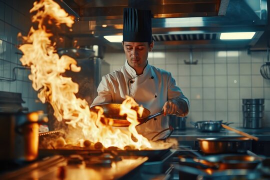 Chef flambe cooking in restaurant kitchen.