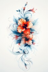 Obraz premium Elegant Red Hibiscus Flowers With Blue Leaves and Swirling Vines on White Background