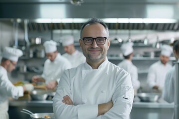 Fototapeta premium Famous chef smiles in modern kitchen with staff working.