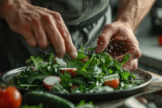 Male cook adding greens to finish dish in close up.