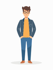 Fototapeta premium Young man with glasses. Male character in casual clothes. Vector illustration