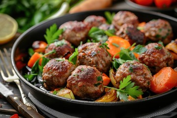 Meat and beef meatballs with vegetables and utensils