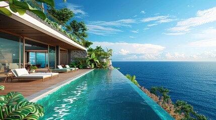 Obraz premium Luxurious villa with a sprawling infinity pool overlooking the ocean, surrounded by lush tropical gardens and elegant outdoor seating areas 