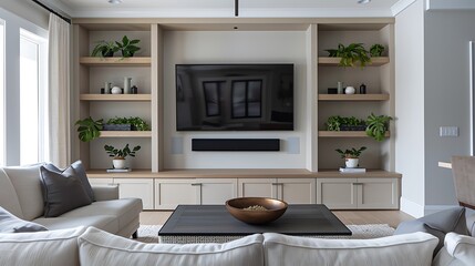 contemporary media center with modular components, including a low-profile cabinet and wall-mounted shelves, in a living room with neutral tones and clean lines