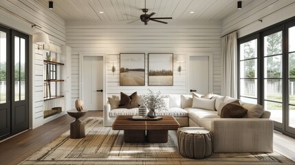Fototapeta premium A cozy and inviting living room with white walls and a large sectional sofa centered on a rug. Natural light streams through large windows and a sliding door.