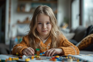 A young girl in an orange sweater engages with colorful building blocks, focusing intently on her play