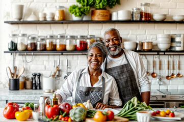 Couple cooking in kitchen. Black senior happy man and woman at home cooking healthy food. Old african american people with vegan dinner. Mature family lifestyle. Senior black couple cook together meal - Powered by Adobe