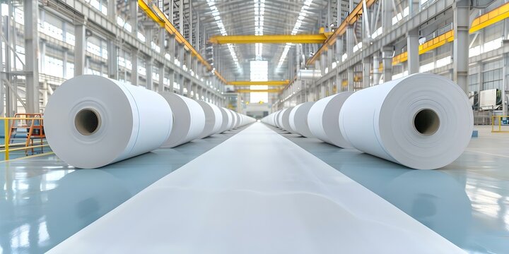 Paper mill machines produce wood pulp into paper rolls for different applications. Concept Paper Mill Machines, Wood Pulp Production, Paper Roll Manufacturing, Industrial Applications