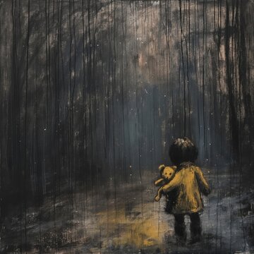 Illustration of a child depression and fear. A lonely girl with toy is walking in the dark