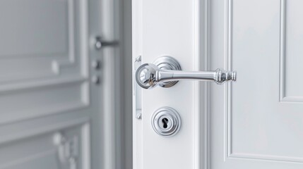 Obraz premium Luxurious armored white door with chrome handle isolated on white background Steel door for interior design with emphasis on home security Ample space for ad text