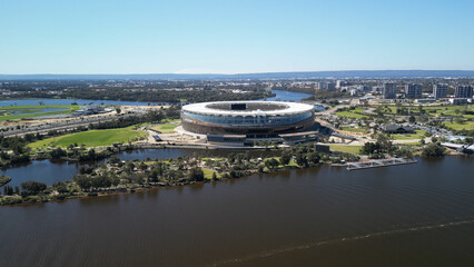 Aerial view of Optus Stadium and Swan River in Perth