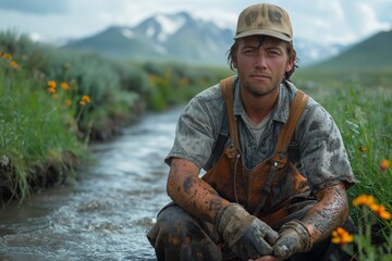 Naklejka premium A contemplative worker takes a break by a stream with mountain views