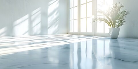 Spotless white room flooded with sunshine evokes mental clarity and purity. Concept Minimalist Interior Design, White Room, Sunlight, Mental Clarity, Purity