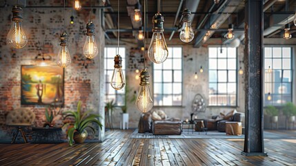 Decorative ceiling light bulbs shine a dim light in the photo of a large window Home decoration and interior elements
