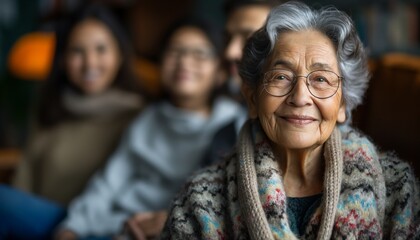 Obraz premium A heartwarming portrait of an elderly woman with family in soft focus behind her, representing generations
