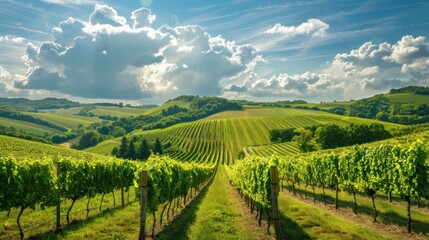 Naklejka premium A picturesque vineyard with rows of grapevines stretching towards a distant hillside, framed by a bright blue sky with fluffy white clouds.