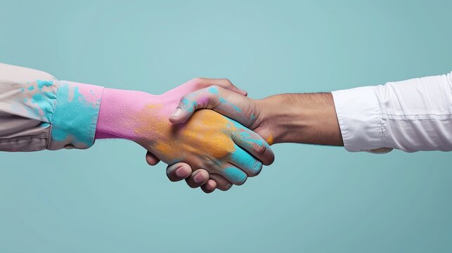 Two hands shaking, with colorful paint splashes, symbolizing creative partnership and collaboration on a light blue background.