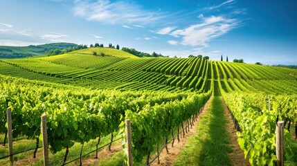 Fototapeta premium A picturesque vineyard stretches across a rolling hillside, bathed in warm sunlight under a bright blue sky.