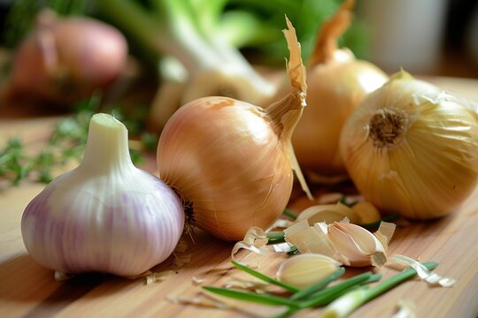 Close-up of fresh garlic and onions on a wooden surface, with peeled cloves and green onion slices scattered around