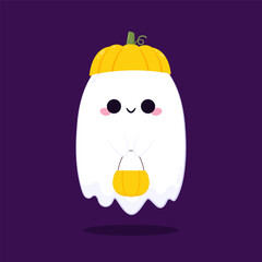 Cute ghost floating with Halloween pumpkin basket for Trick or Treat. Funny spooky boo character. Spook phantom with happy smiling face expression. Isolated kids flat vector illustration.
