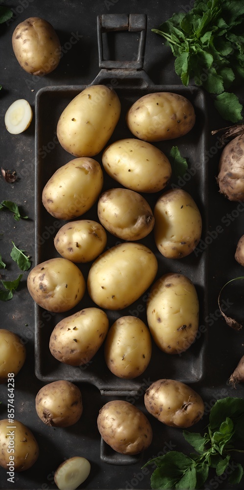 Poster Raw potatoes from field on ground background. Top view flat lay. - Posters