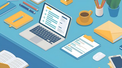 Modern HR Office Desk Setup with Recruitment Software on Laptop, Resumes, and Office Supplies, Organized Workspace Featuring Laptop with HR Software, Resumes, and Office Supplies, Human Resources Desk