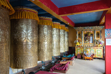 Dali Monastery, Sikkim, India - 11.04.2023: Tibetan monks, Mask Dance in the Tibetan monastery